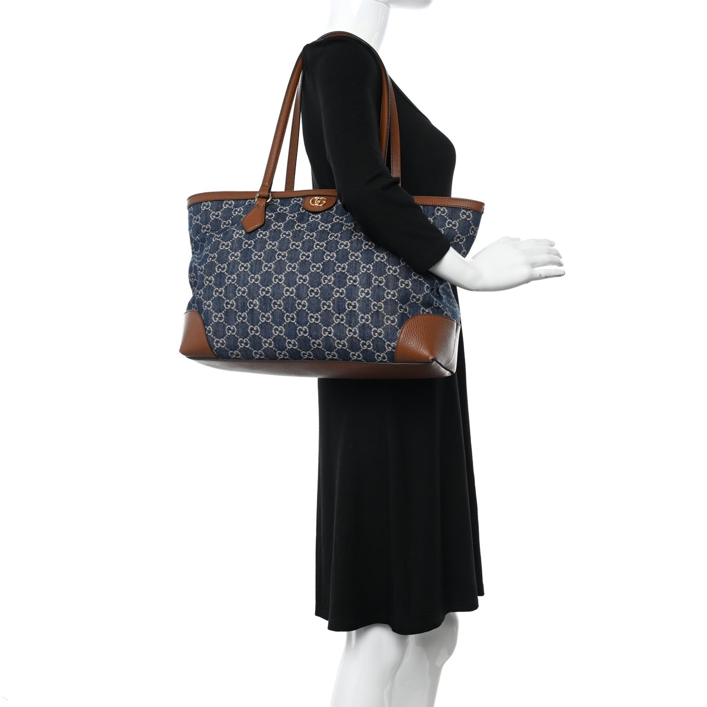 New Denim GG Monogram Medium Ophidia Shopping Tote Blue Tea Cuir