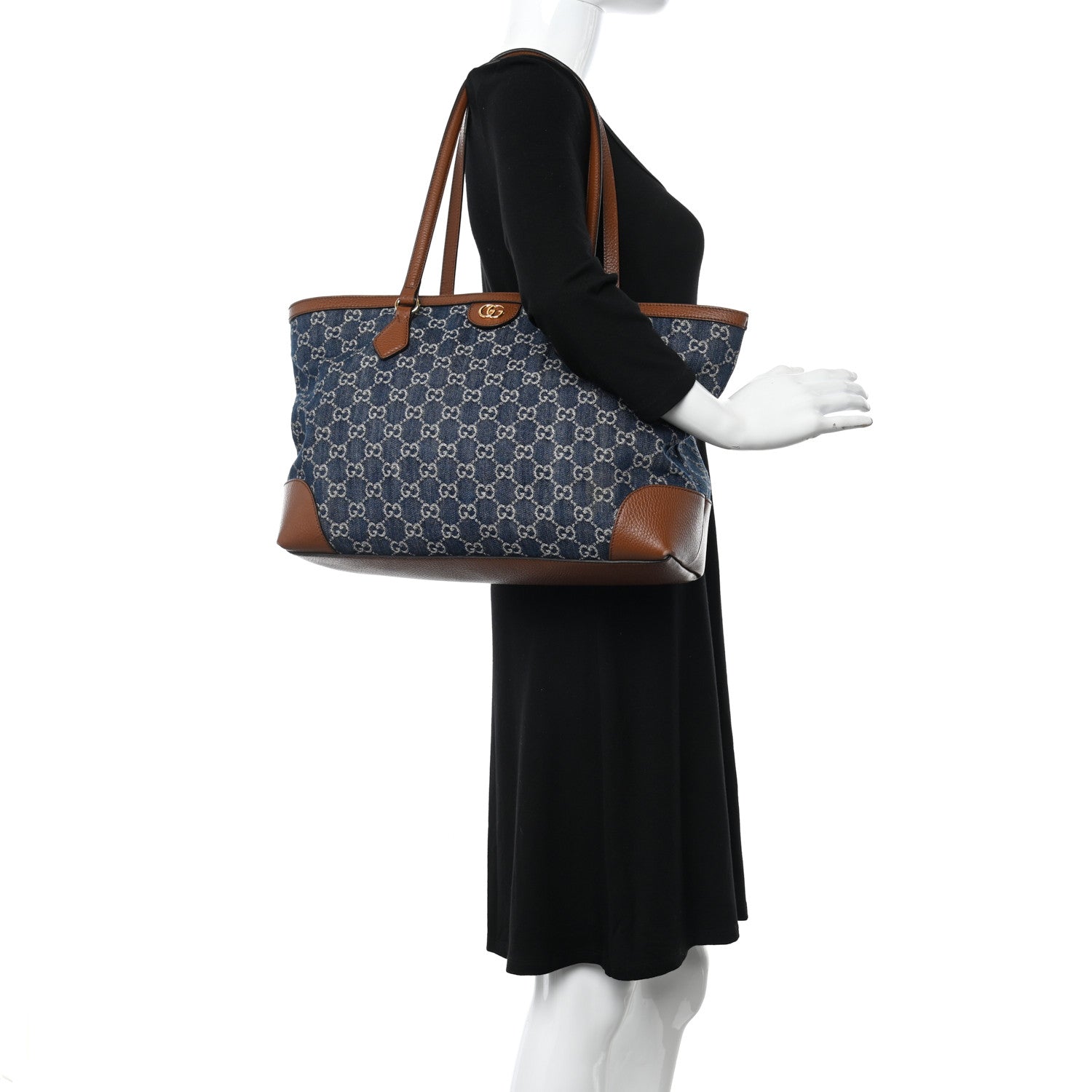 Gucci New Denim GG Monogram Medium Ophidia Shopping Tote Blue Tea Cuir 3 of 10