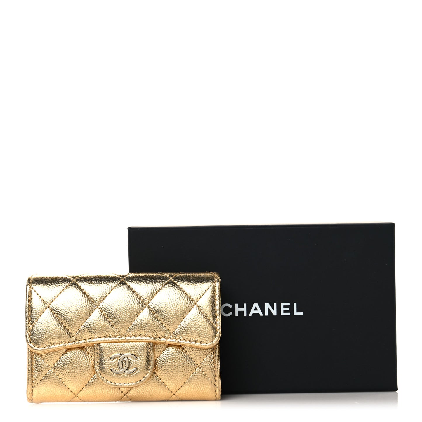 Metallic Caviar Quilted Flap Card Holder Wallet Gold