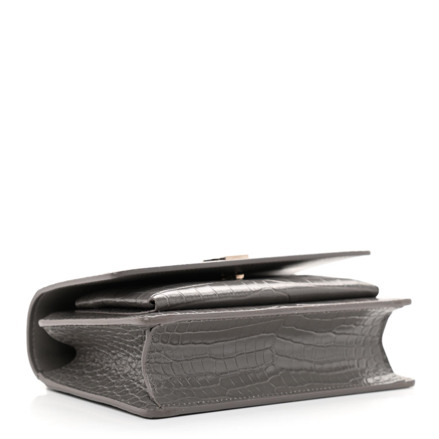 Saint Laurent Calfskin Crocodile Embossed Monogram Sunset Chain Wallet Light Grey 4 of 8