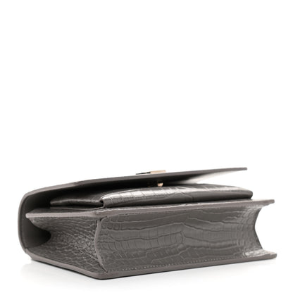 Saint Laurent Calfskin Crocodile Embossed Monogram Sunset Chain Wallet Light Grey 4 of 8
