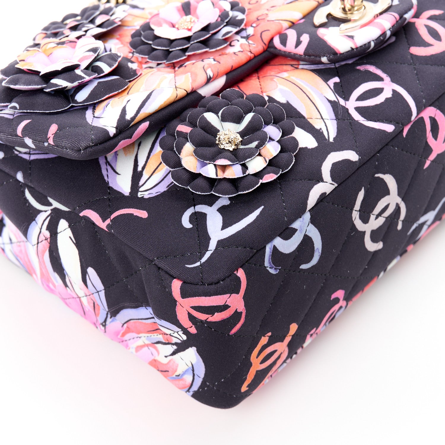 Chanel Printed Fabric Quilted Camellia Flap Black Multicolor 11 of 12