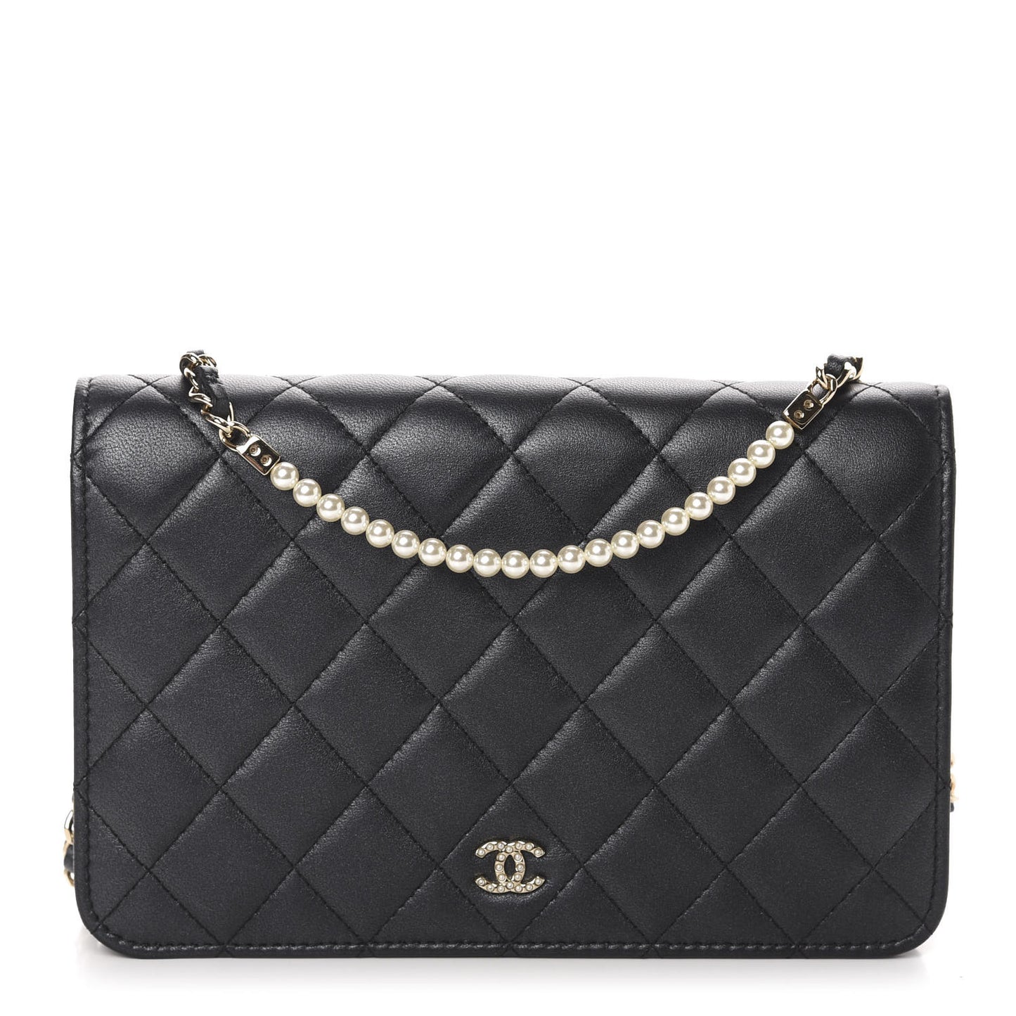 Iridescent Lambskin Quilted Pearl Wallet On Chain WOC Black