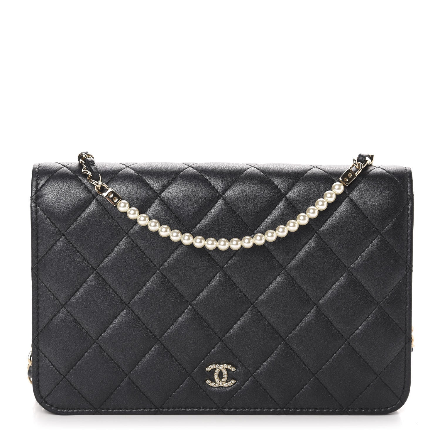 Chanel Iridescent Lambskin Quilted Pearl Wallet On Chain WOC Black 1 of 12