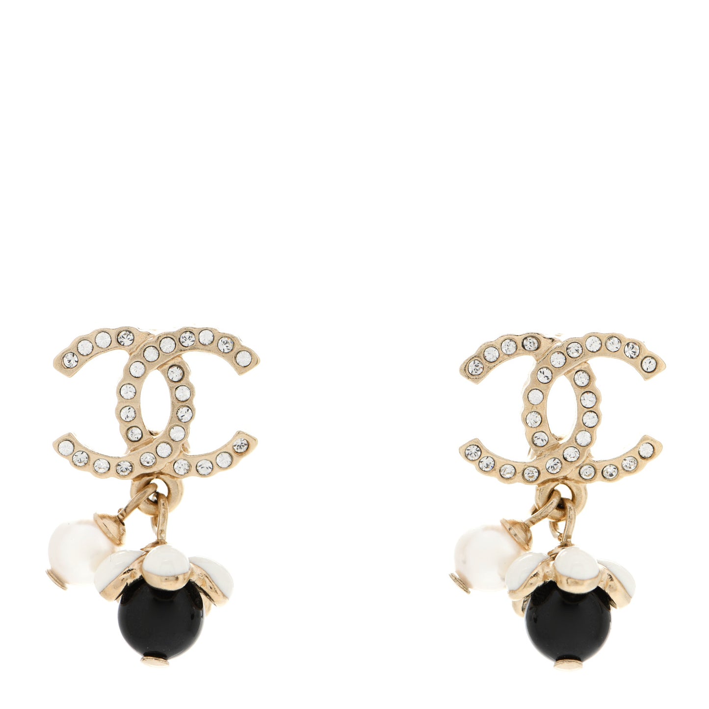 Crystal Bead Pearl CC Drop Earrings Gold White Black