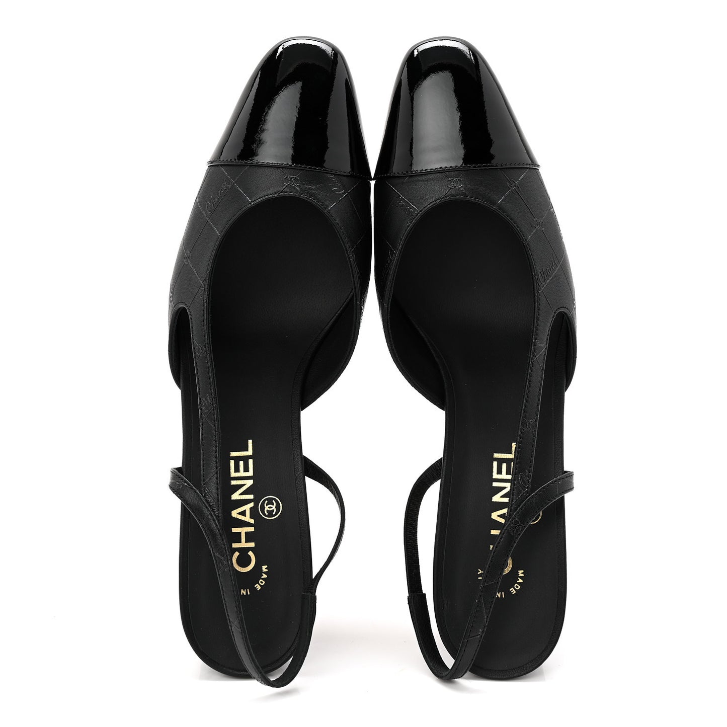 Lambskin Patent Calfskin Quilted Cap Toe Coco CC Slingback Pumps 41 Black