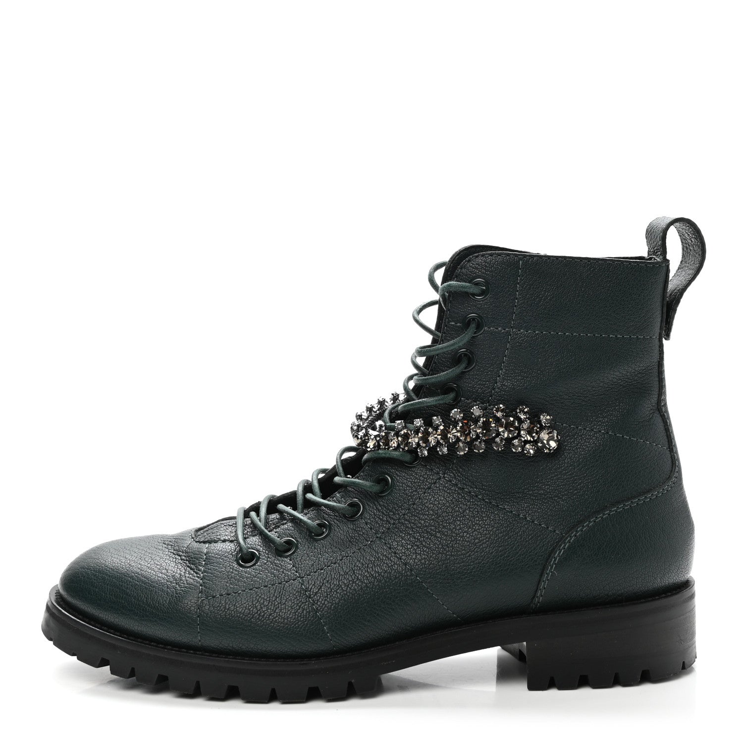 Jimmy Choo Grained Calfskin Crystal Embellished Cruz Combat Boots 40 Dark Green 1 of 11