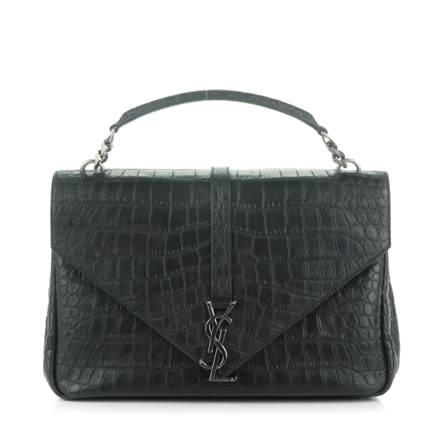 Calfskin Crocodile Embossed Monogram Large College Satchel Black