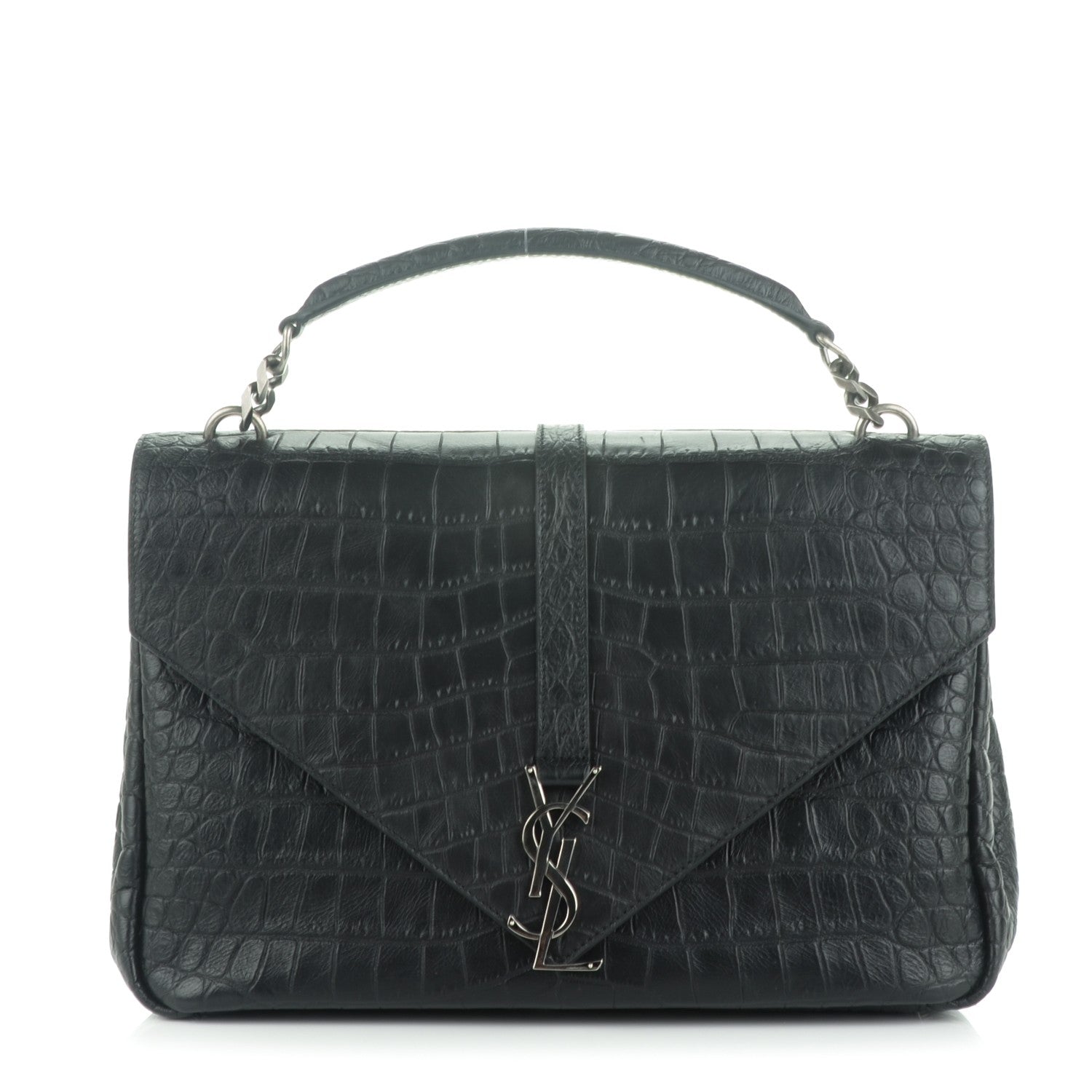 Saint Laurent Calfskin Crocodile Embossed Monogram Large College Satchel Black 1 of 7