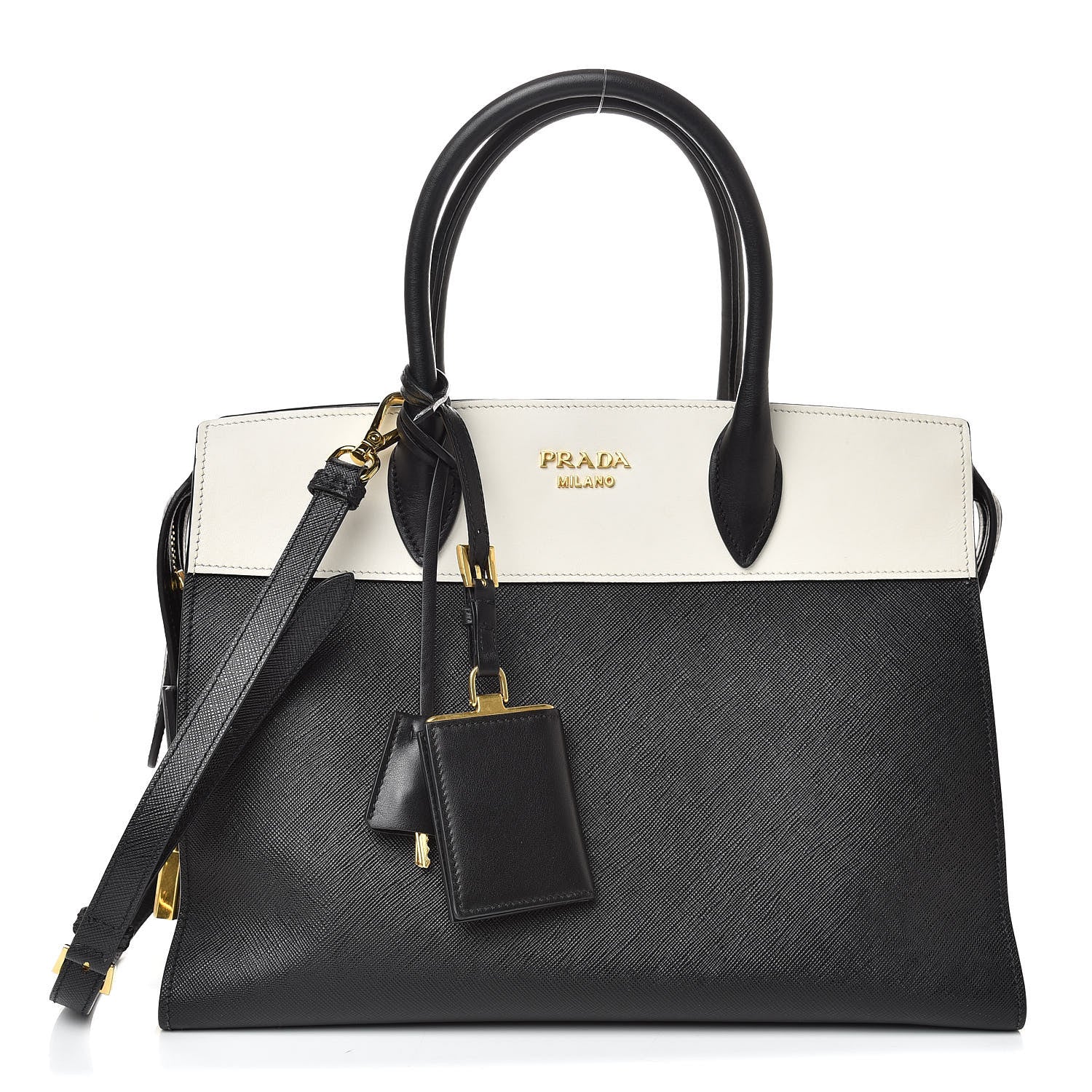 Prada Saffiano City Calf Medium Esplanade Tote Black White 1 of 11