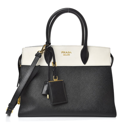Prada Saffiano City Calf Medium Esplanade Tote Black White 1 of 11