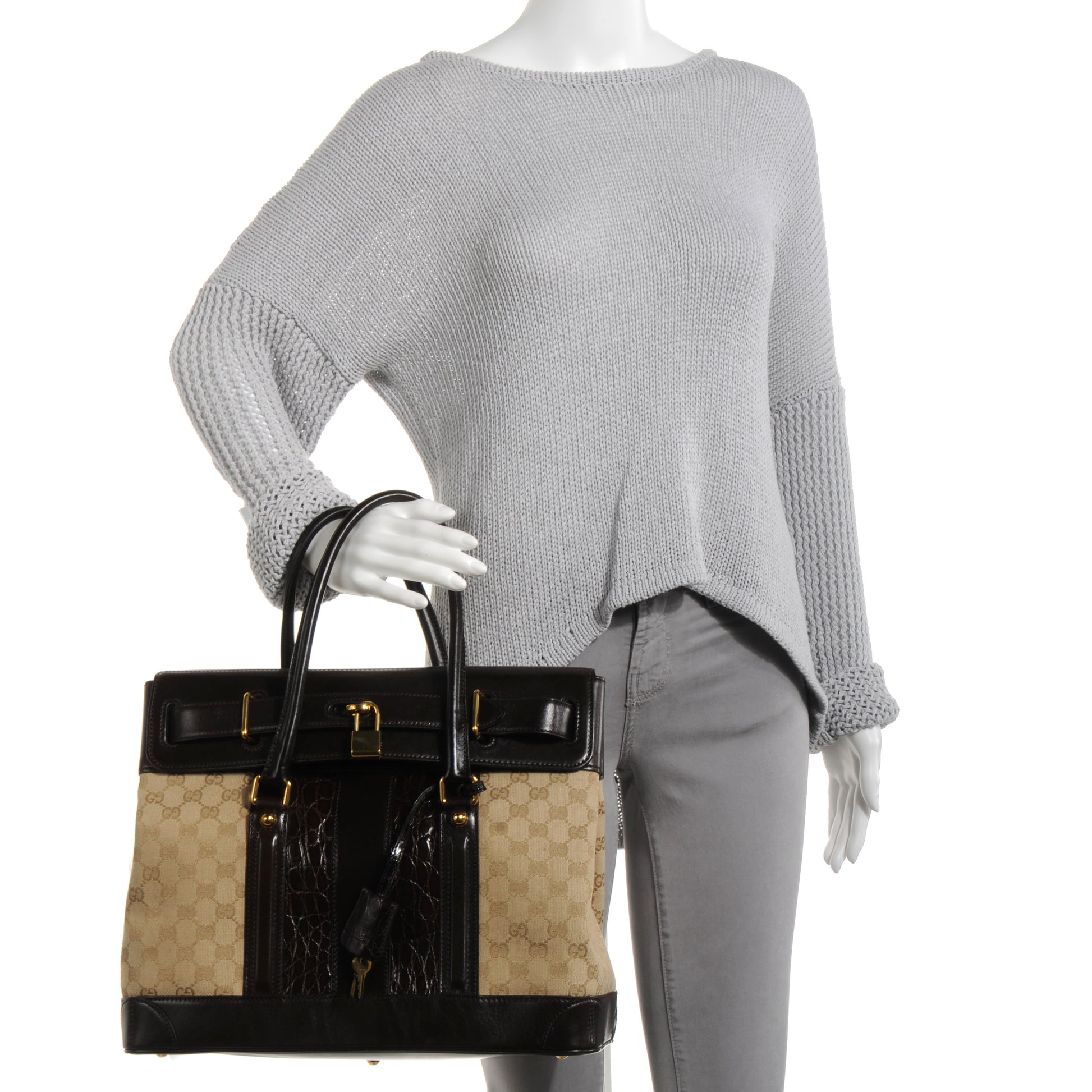 Gucci Monogram Crocodile Web Secret Top Handle Medium Satchel 2 of 7