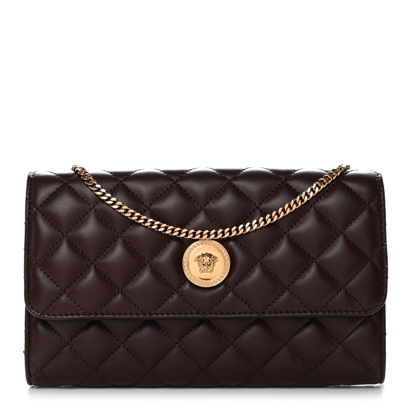 Lambskin Quilted Medusa Wallet On Chain Crossbody Chocolate