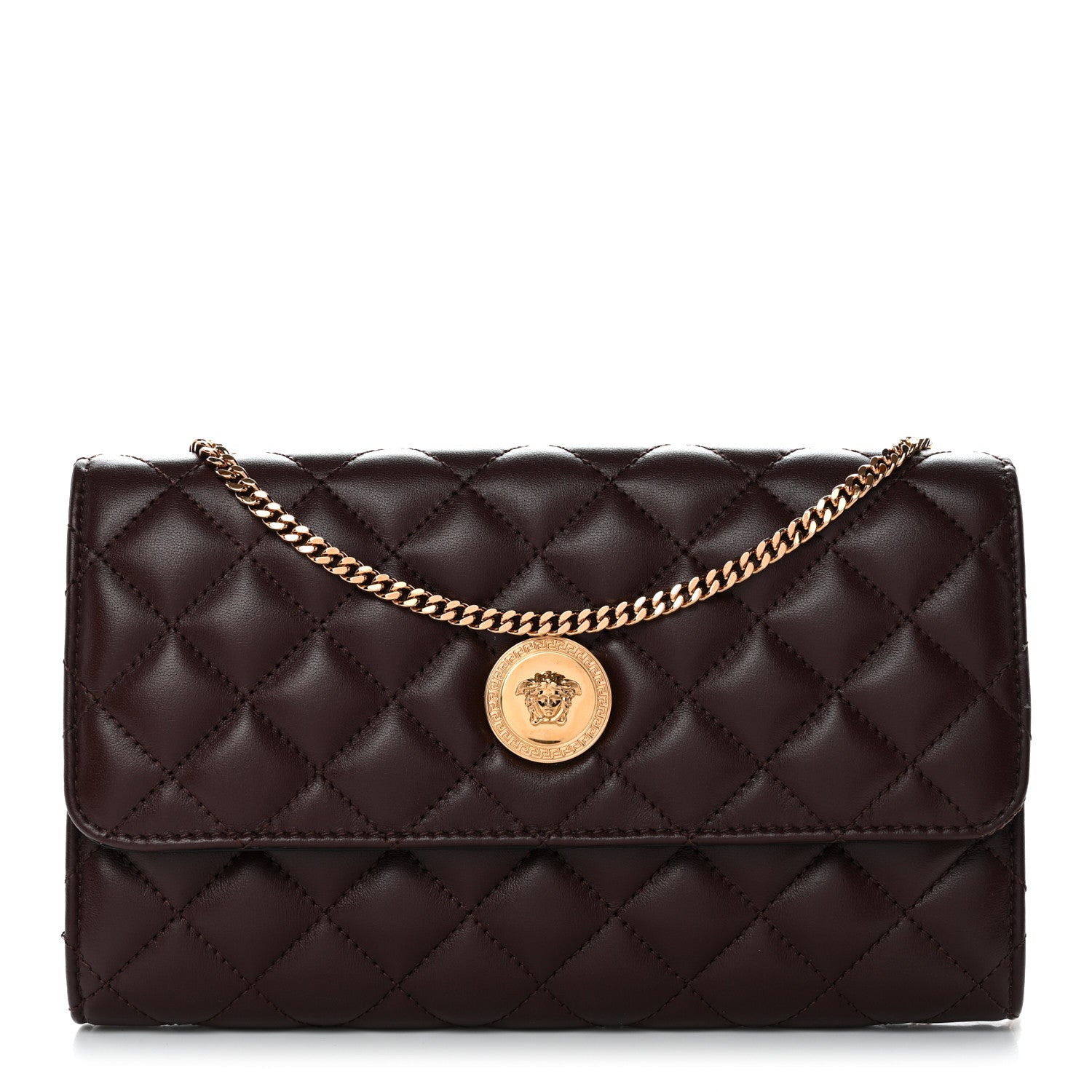 Versace Lambskin Quilted Medusa Wallet On Chain Crossbody Chocolate 1 of 10