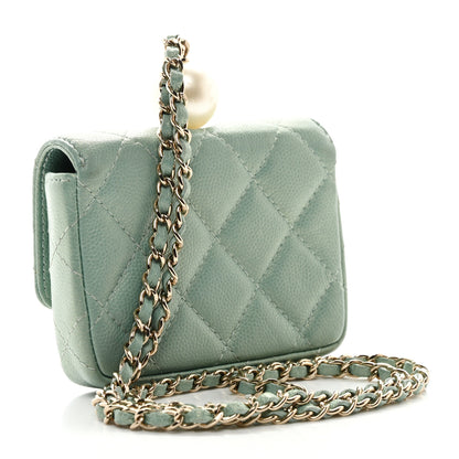 Chanel Iridescent Caviar Quilted Pearl On Top Coin Purse With Chain Light Green 3 of 9