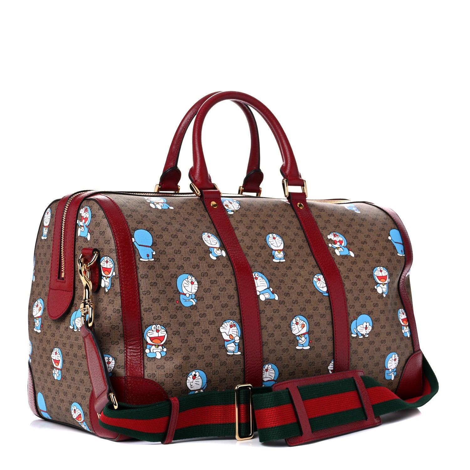 Gucci X DORAEMON Mini Vintage GG Supreme Monogram Web Duffle Travel Bag Beige Cherry Red 2 of 8