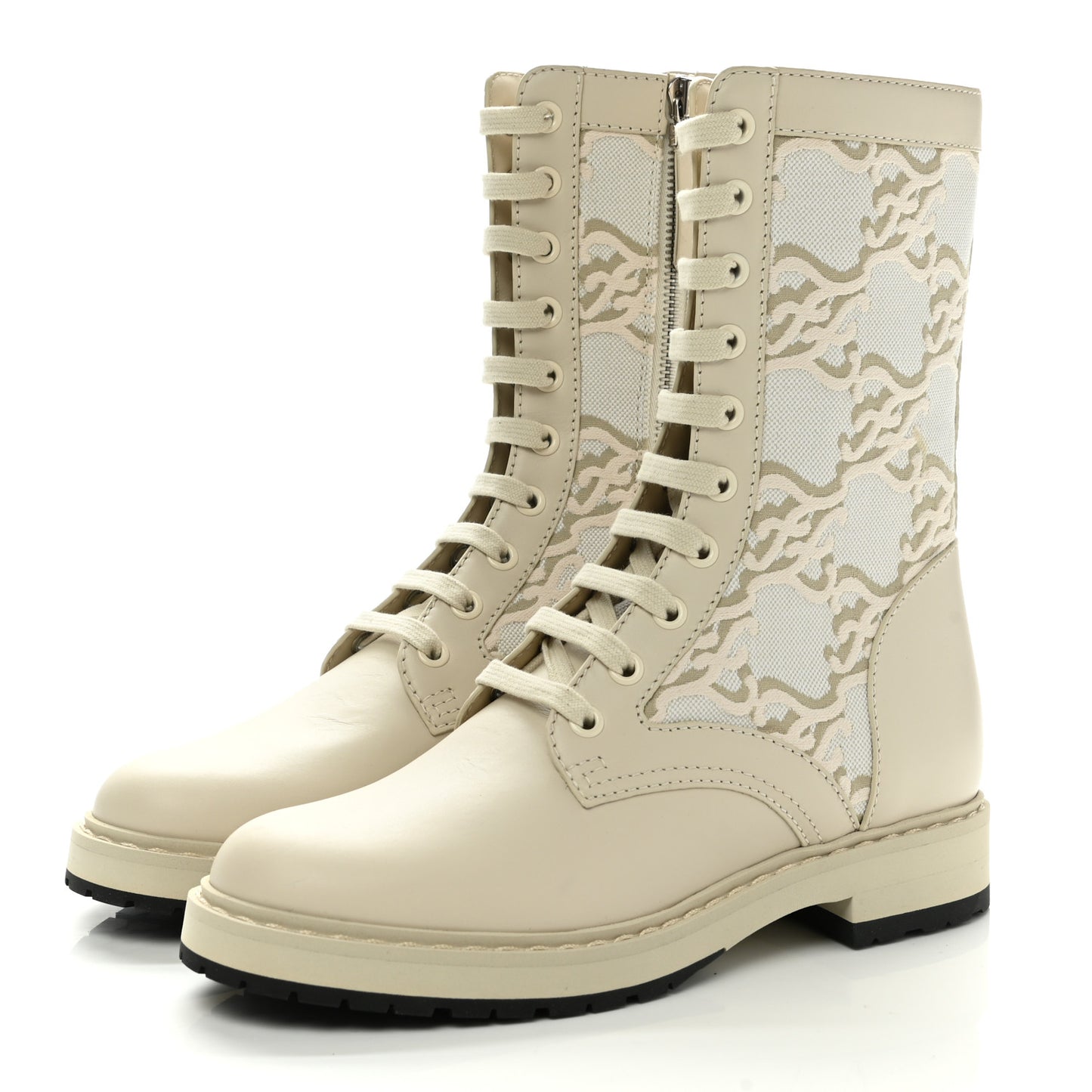 Vitello Fabric Jacquard Karligraphy Embroidered Womens Combat Boots 36.5 White Camelia