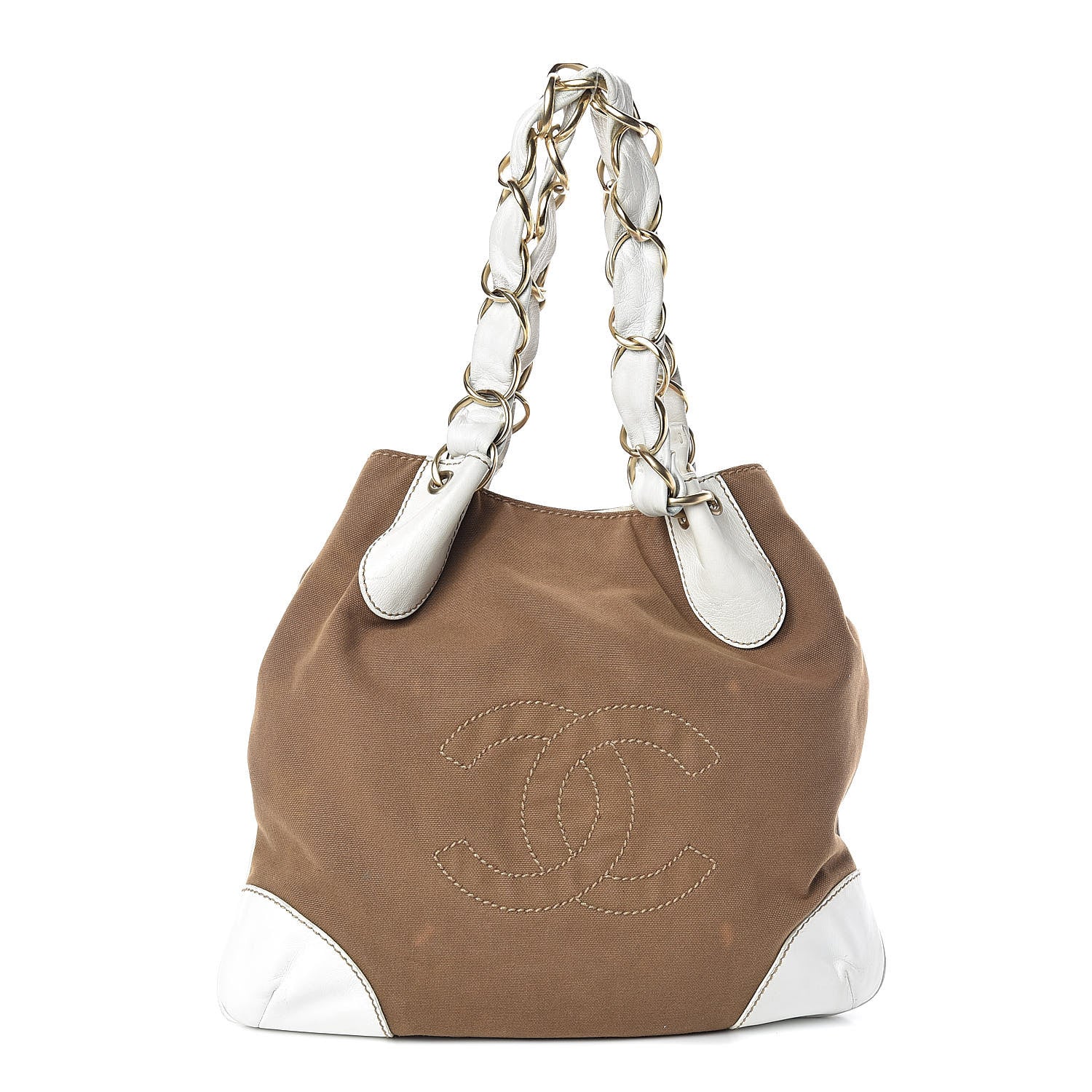 Chanel Canvas Calfskin CC Tote Brown White 1 of 17