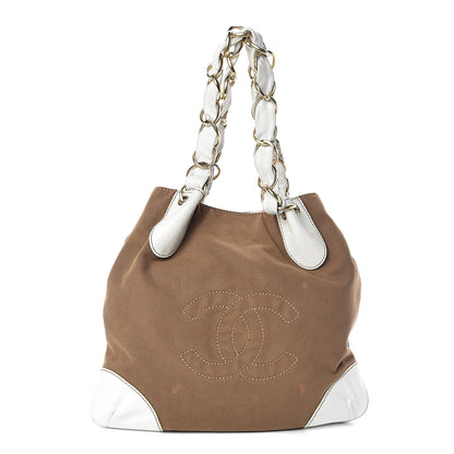 Chanel Canvas Calfskin CC Tote Brown White 1 of 17