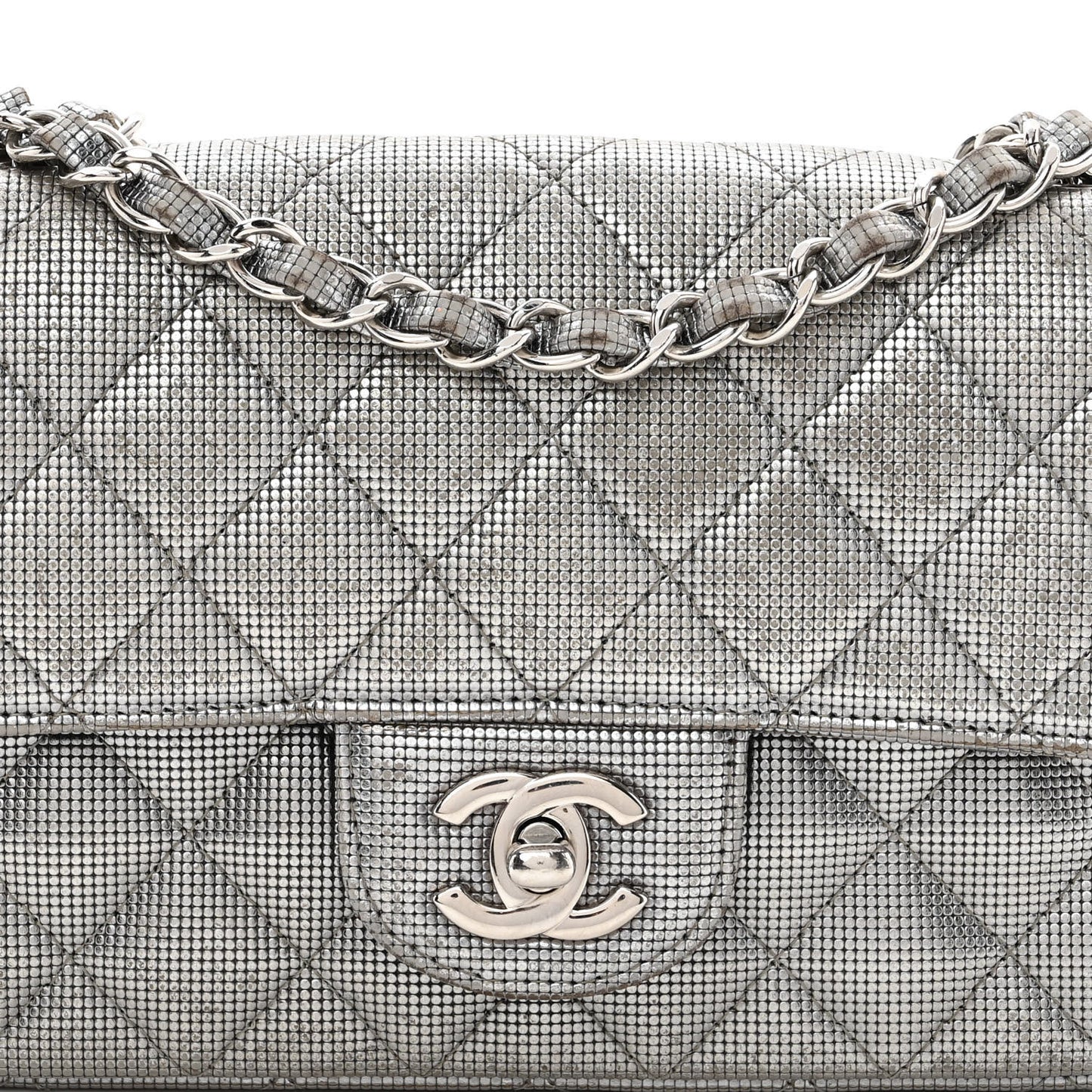 Metallic Calfskin Quilted Pixel Effect Mini Rectangular Flap Dark Silver