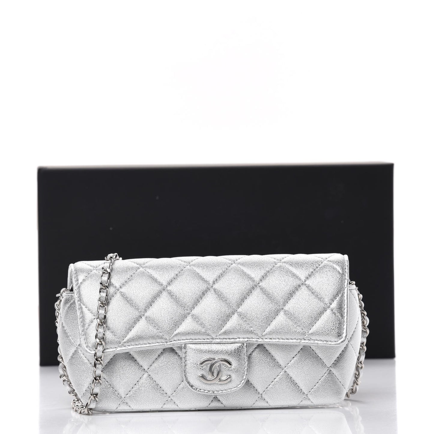 Metallic Lambskin Quilted Glasses Case With Chain Silver