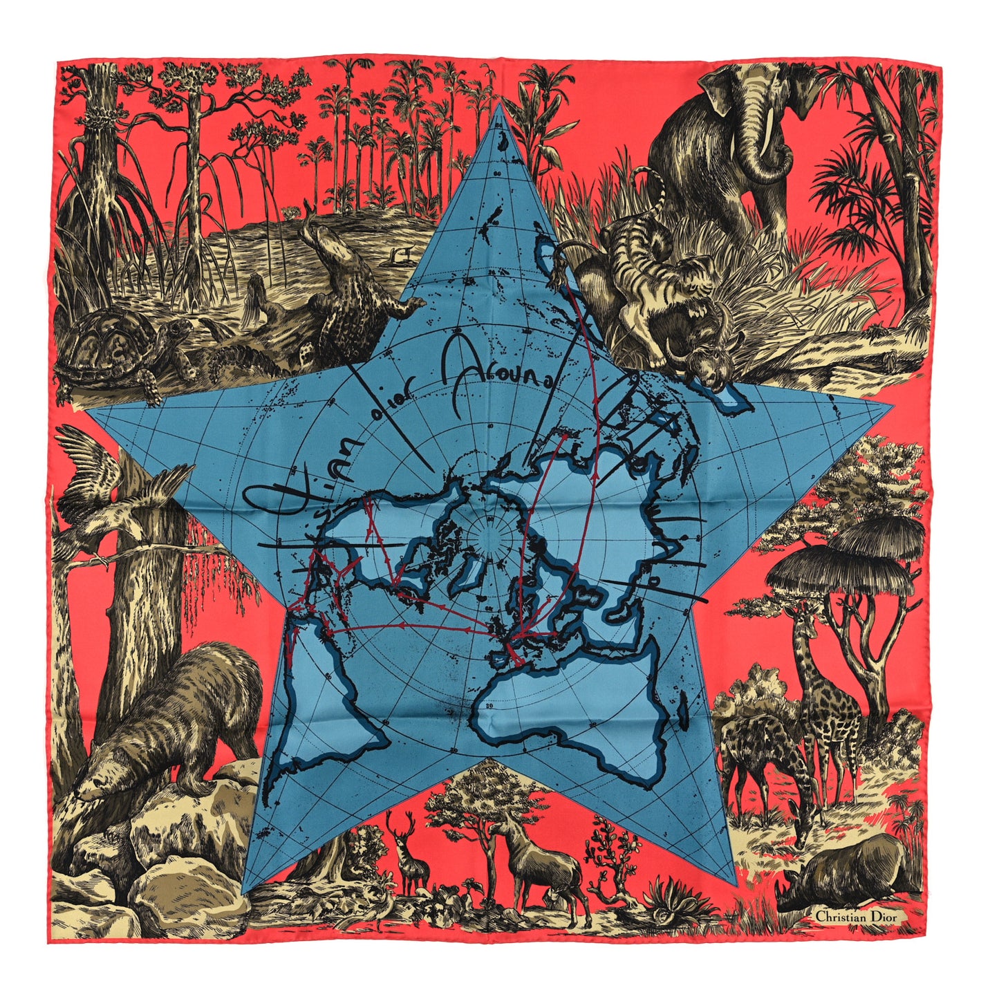 Silk Around The World Square Scarf 90 Red Multicolor