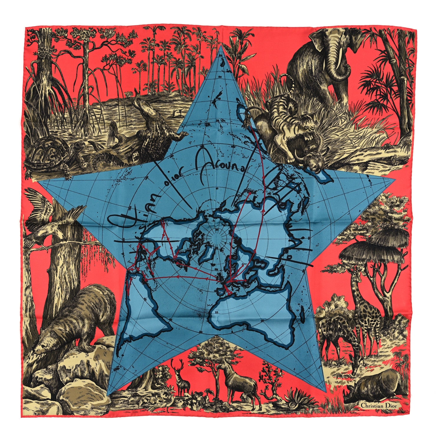 Christian Dior Silk Around The World Square Scarf 90 Red Multicolor 1 of 3