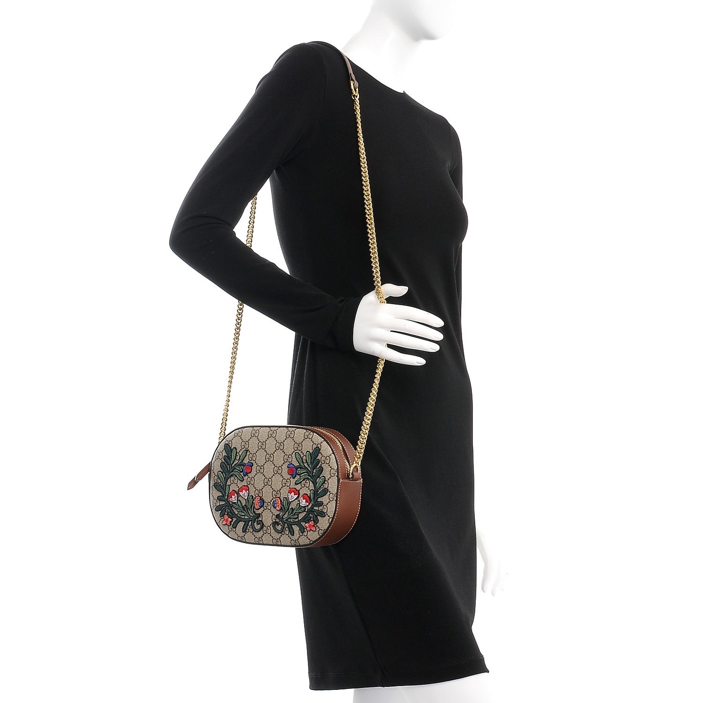 GG Supreme Monogram Floral Embroidered Mini Chain Shoulder Bag Beige Tuscany