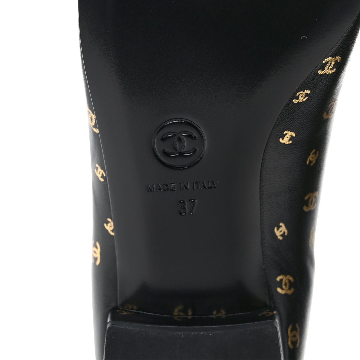 Lambskin Patent Calfskin Printed CC Cap Toe Ballerina Flats 37 Black Gold