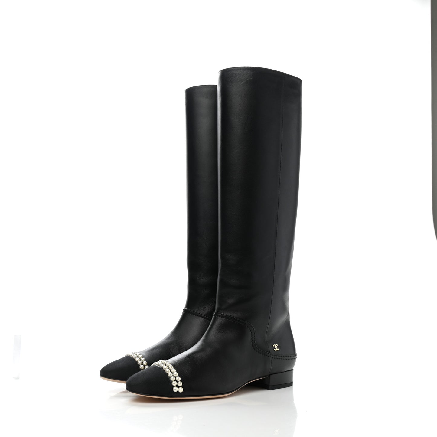 Calfskin Grosgrain Pearl Cap Toe High Boots 37.5 Black