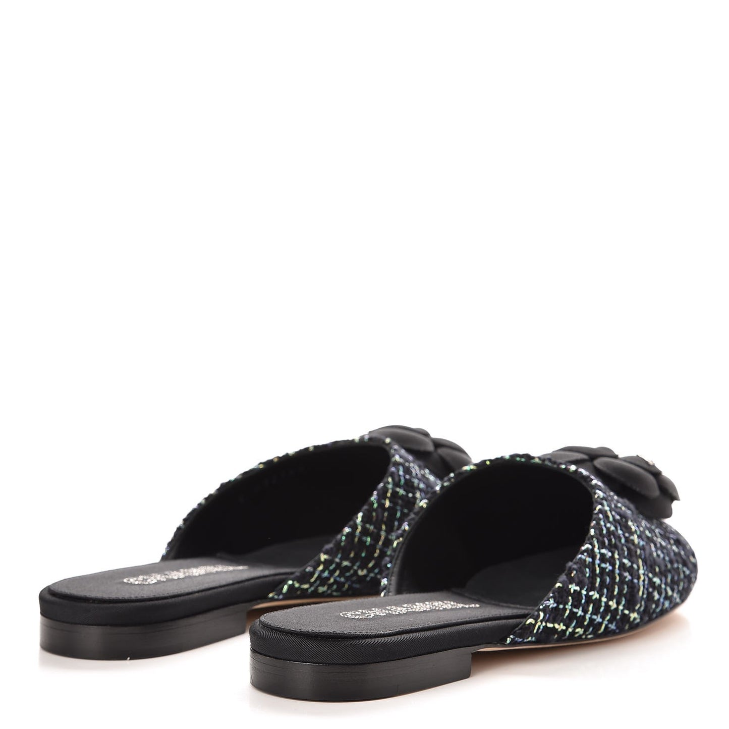 Tweed Grosgrain Camellia CC Flat Mules 40 Black Green