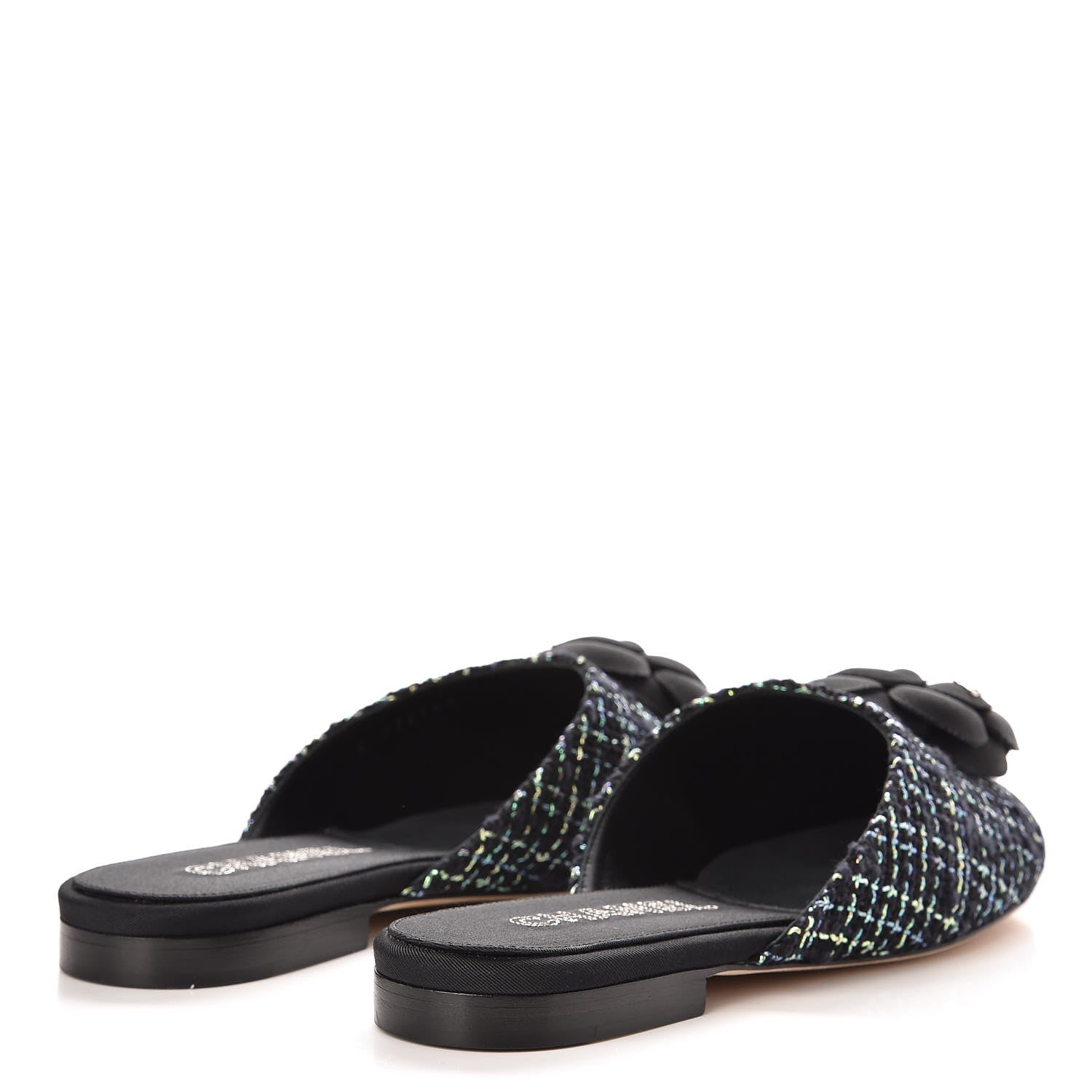 Chanel Tweed Grosgrain Camellia CC Flat Mules 40 Black Green 4 of 10