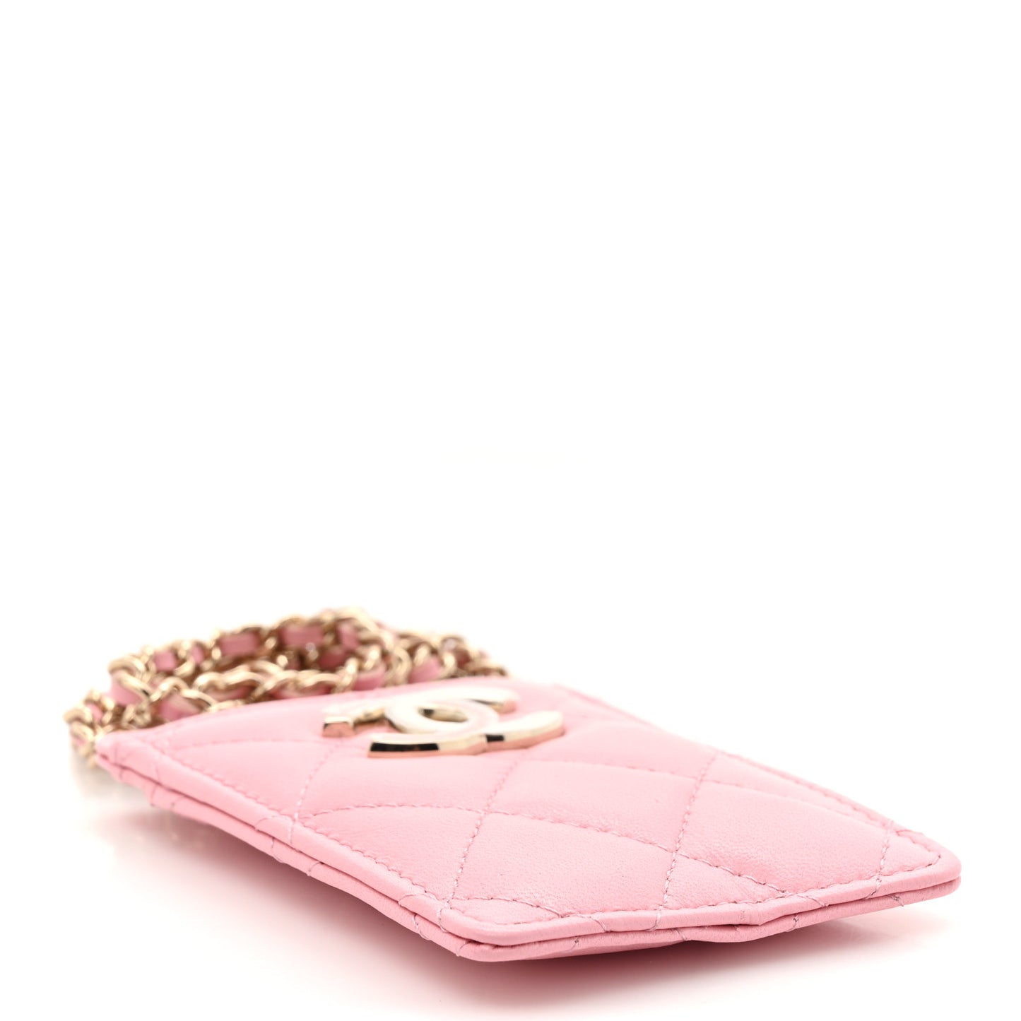 Lambskin Quilted Chanel Card Holder On Chain Pink