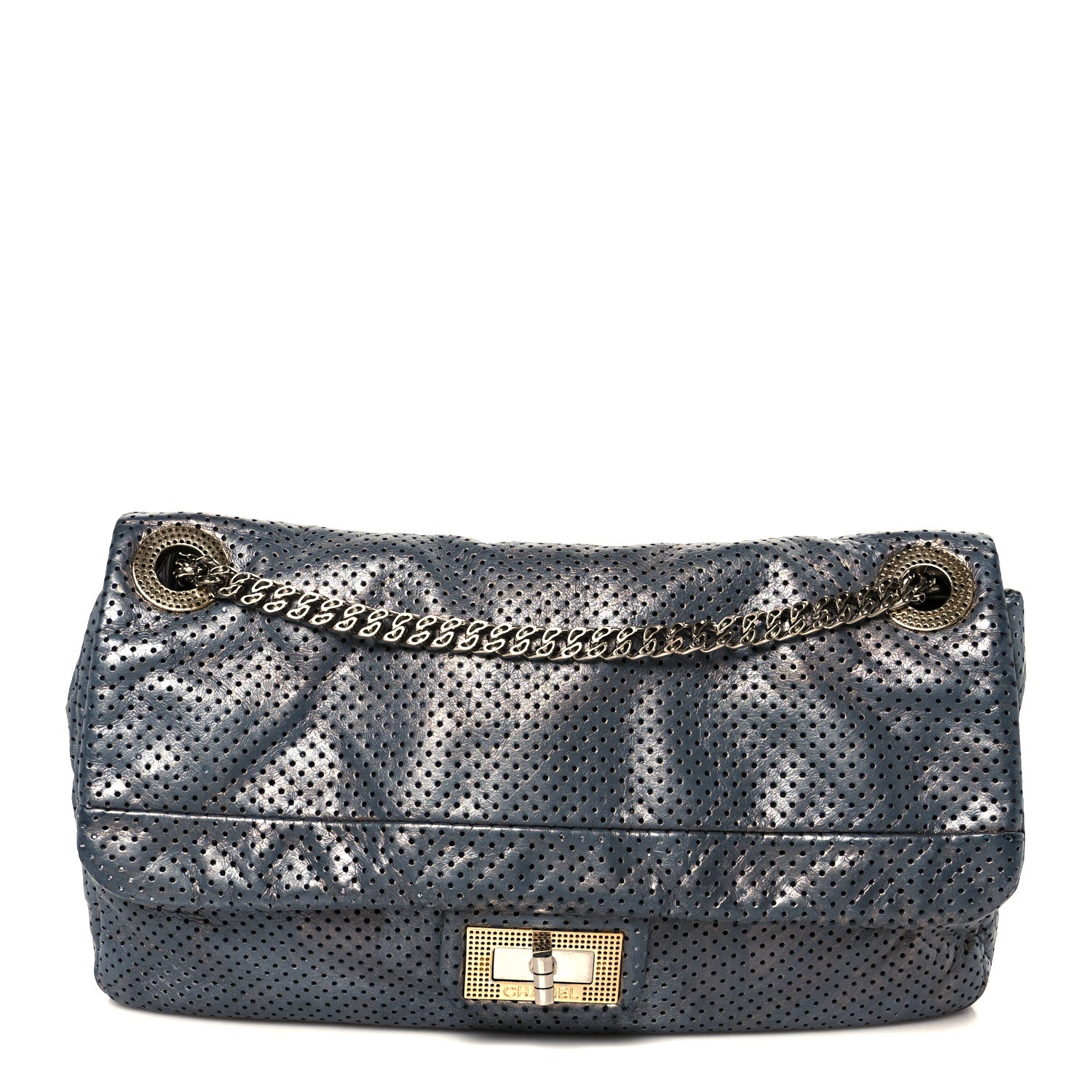 Chanel Metallic Crackled Calfskin Perforated Drill Flap Silver 1 of 10