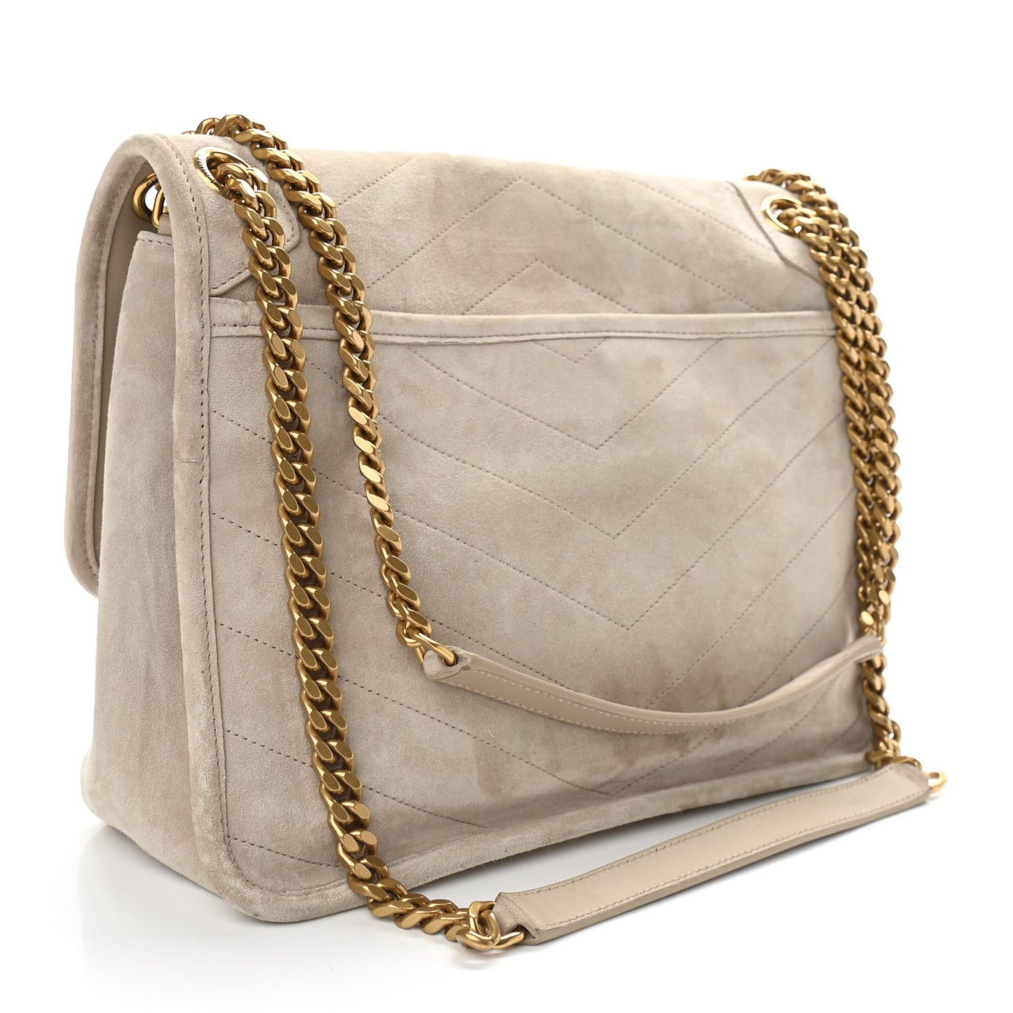 Suede Monogram Medium Niki Chain Satchel Light Beige