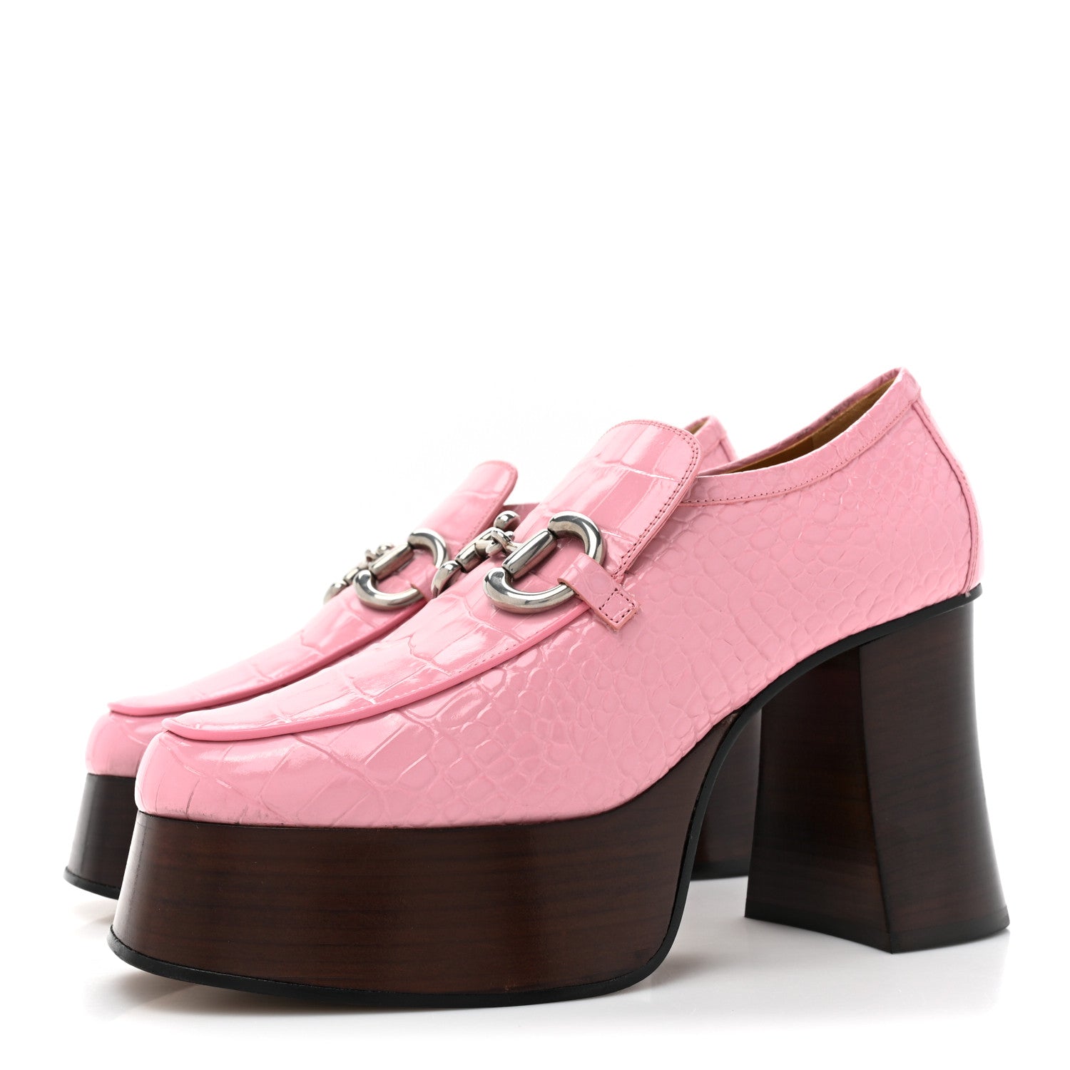 Gucci Croco Calf Lux Granada Kid Horsebit Platform Loafers 38 Butterfly Pink 3 of 14