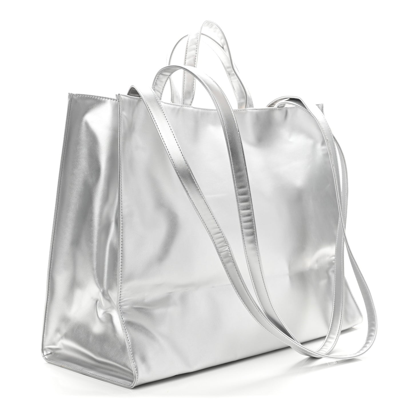 Metallic Vegan Leather Large Shopping Bag Silver
