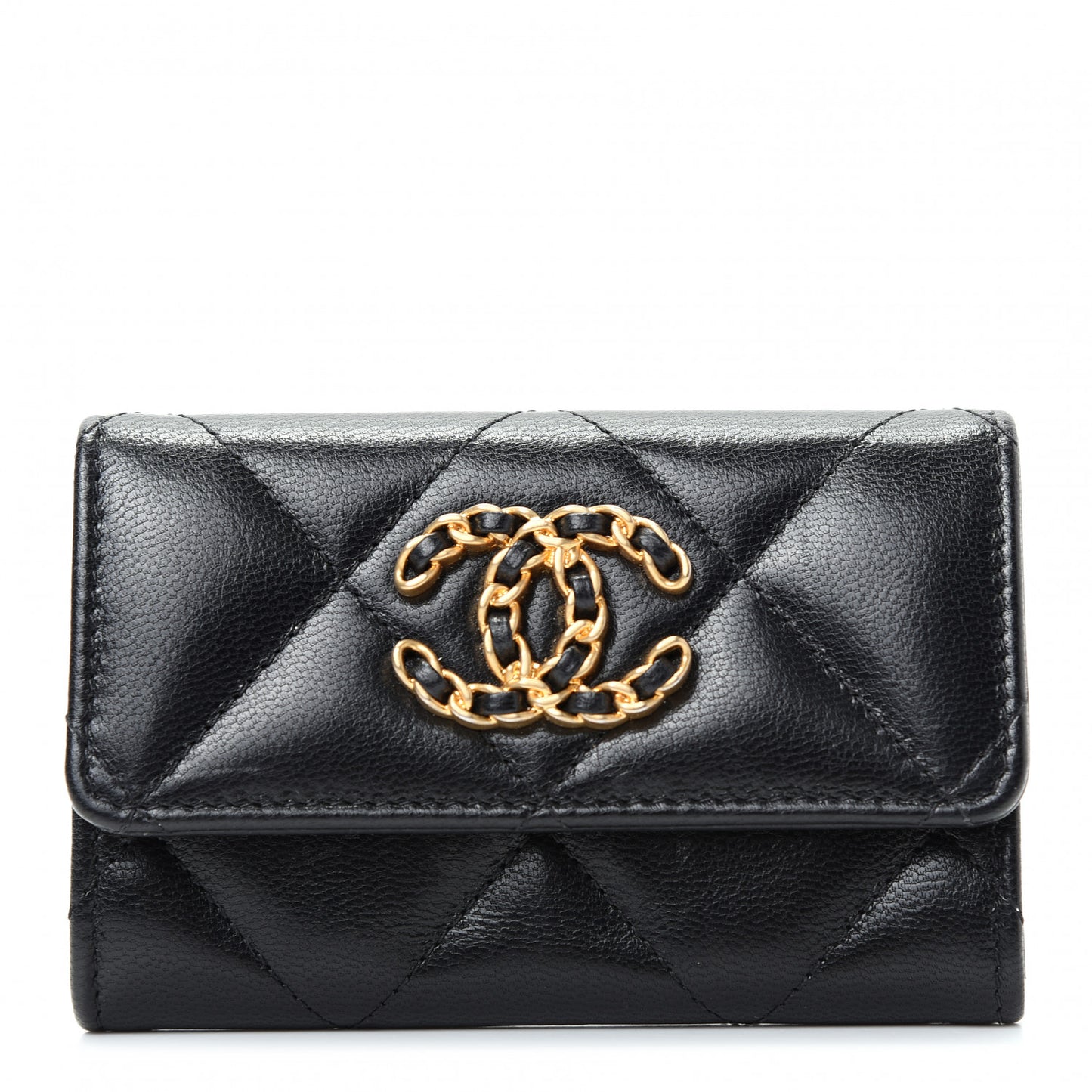 Shiny Goatskin Quilted Chanel 19 Flap Card Holder Black