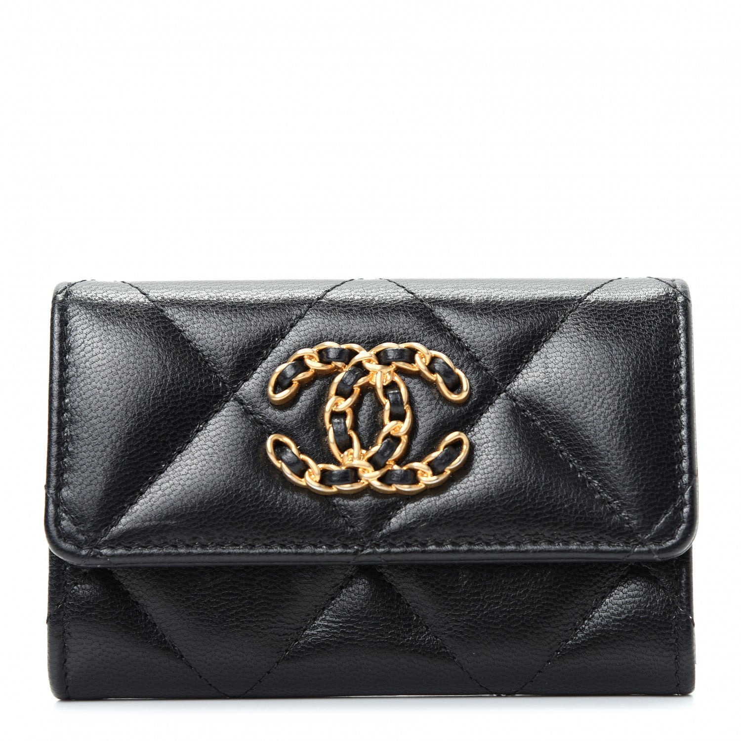 Chanel Shiny Goatskin Quilted Chanel 19 Flap Card Holder Black 1 of 9