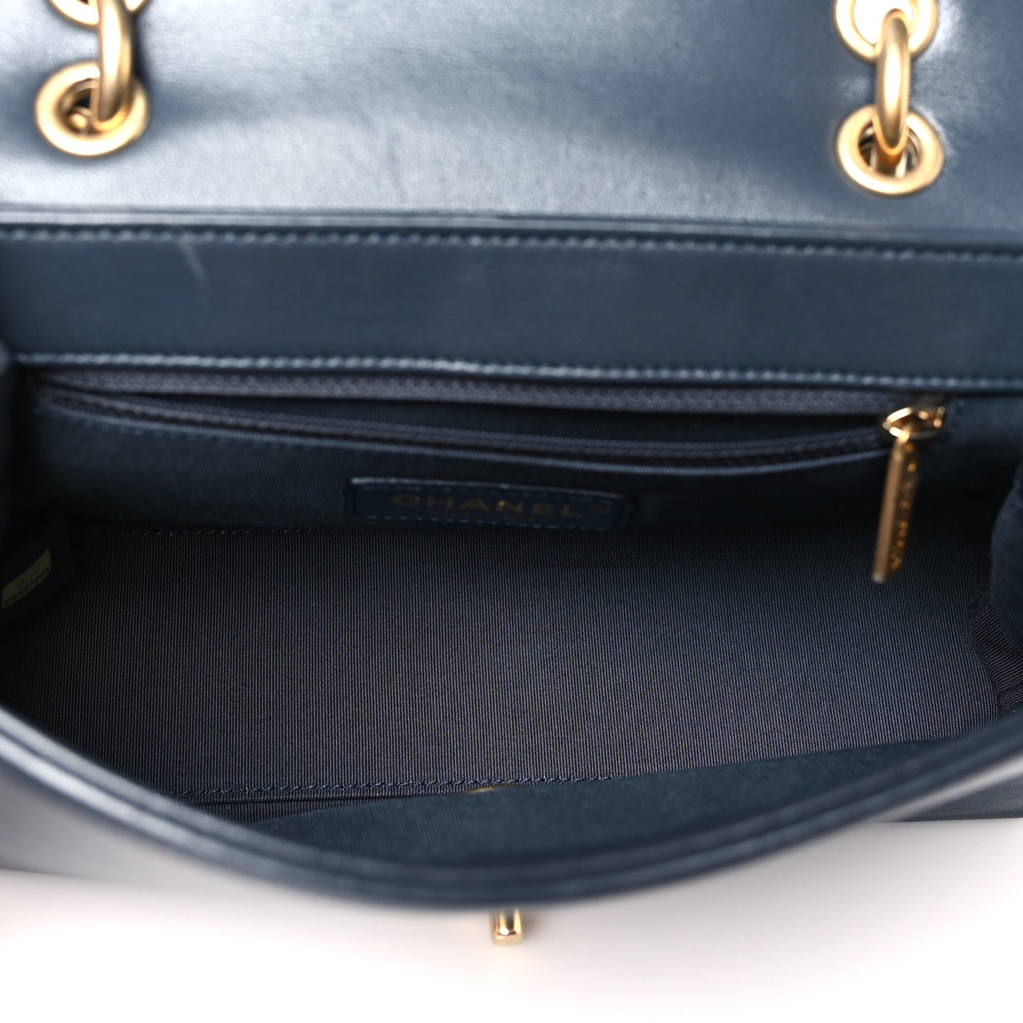 Sheepskin Chevron Stitched Chain Top Handle Flap Blue