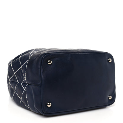 Chanel Lambskin Contrast Stitch Small Drawstring Tote Navy 4 of 13