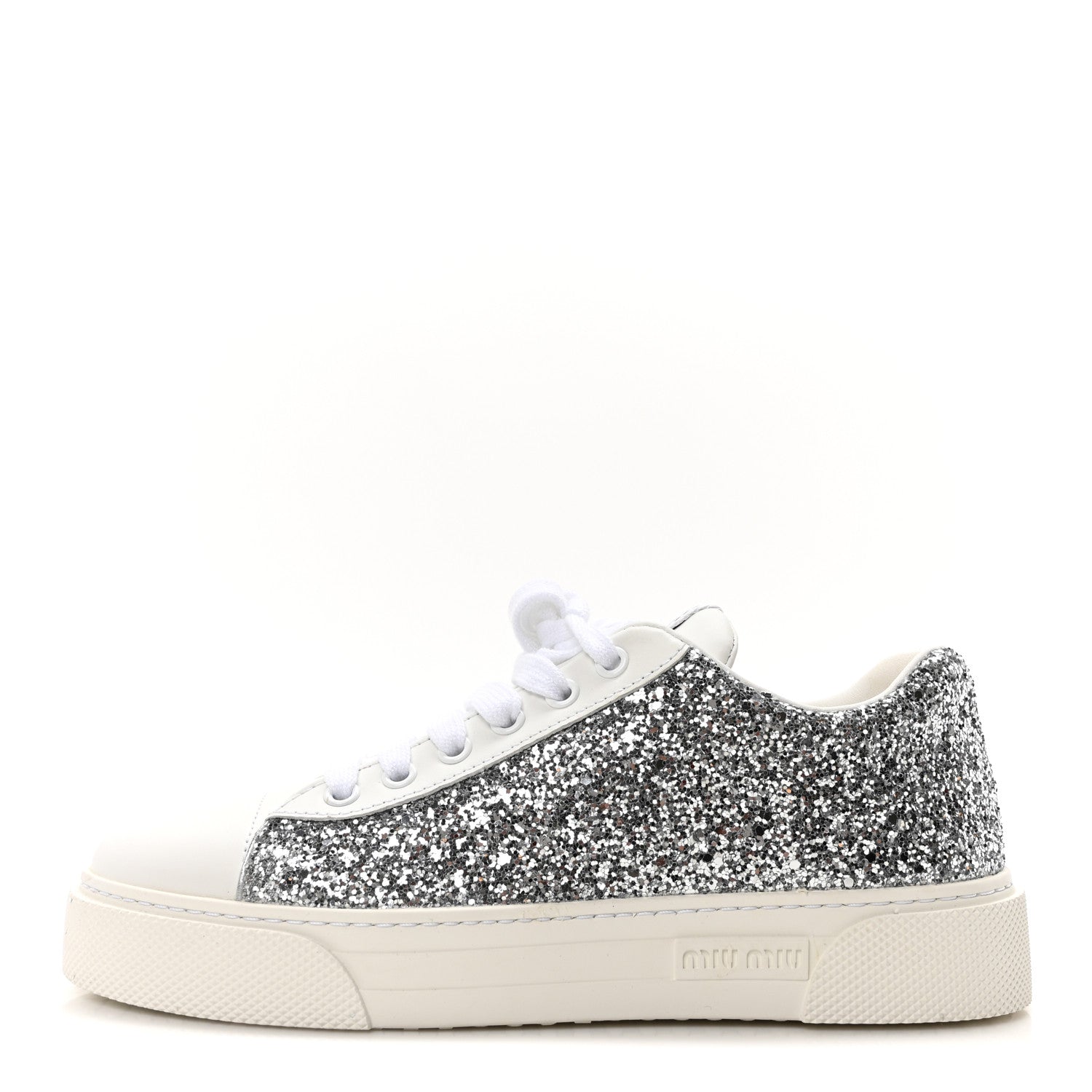 Miu Miu Calfskin Glitter Sneakers 37 White Argento 1 of 8