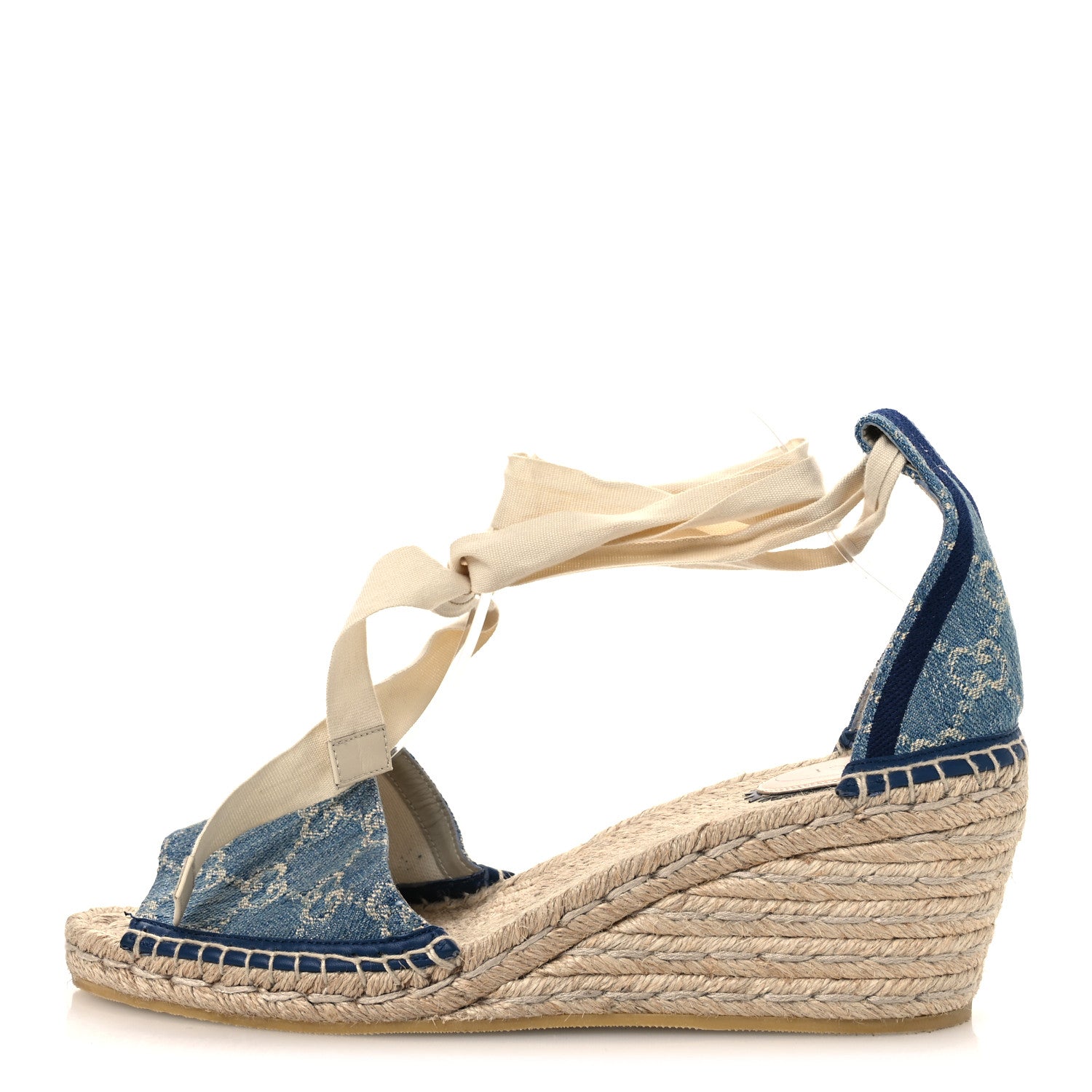 Gucci New Denim GG Monogram Pilar Ankle Wrap Espadrille Wedge Sandals 41 Light Blue 1 of 10