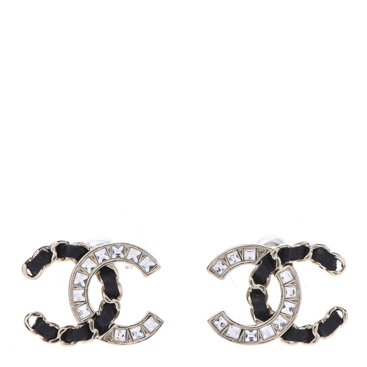 Crystal Baguette Lambskin Chain CC Vintage Allure Stud Earrings Black Gold