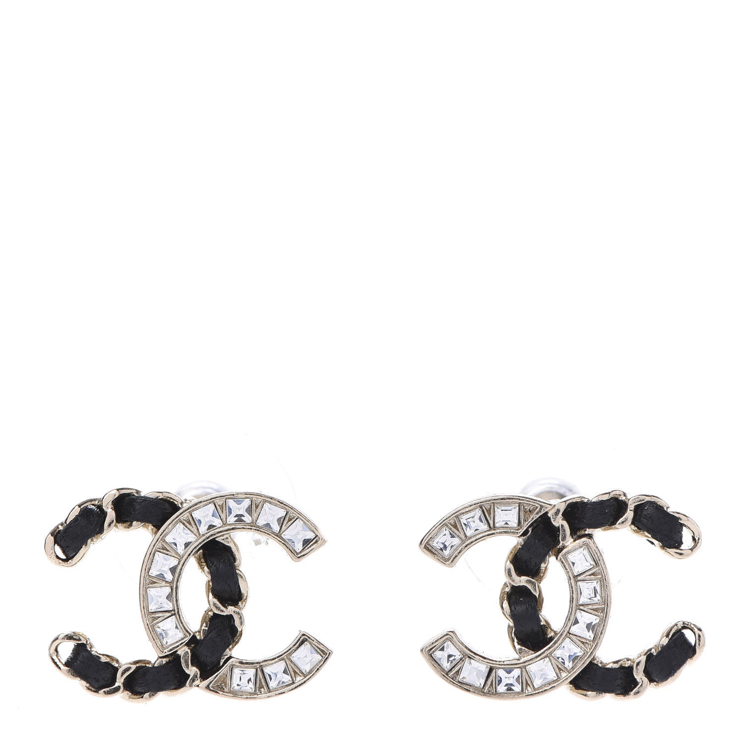 Chanel Crystal Baguette Lambskin Chain CC Vintage Allure Stud Earrings Black Gold 1 of 10