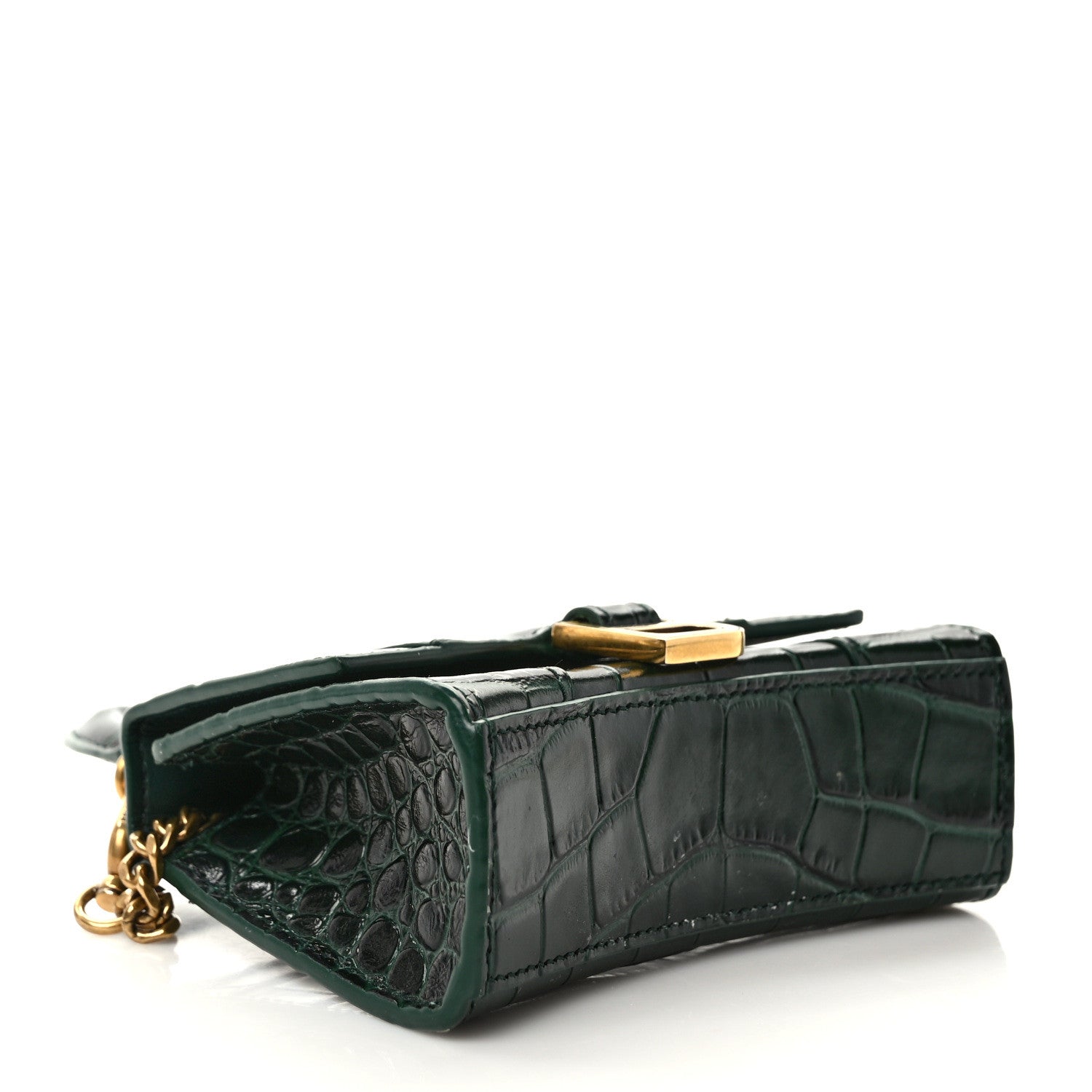 Balenciaga Shiny Calfskin Crocodile Embossed Hourglass Top Handle Bag Mini with Chain Forest Green 4 of 8