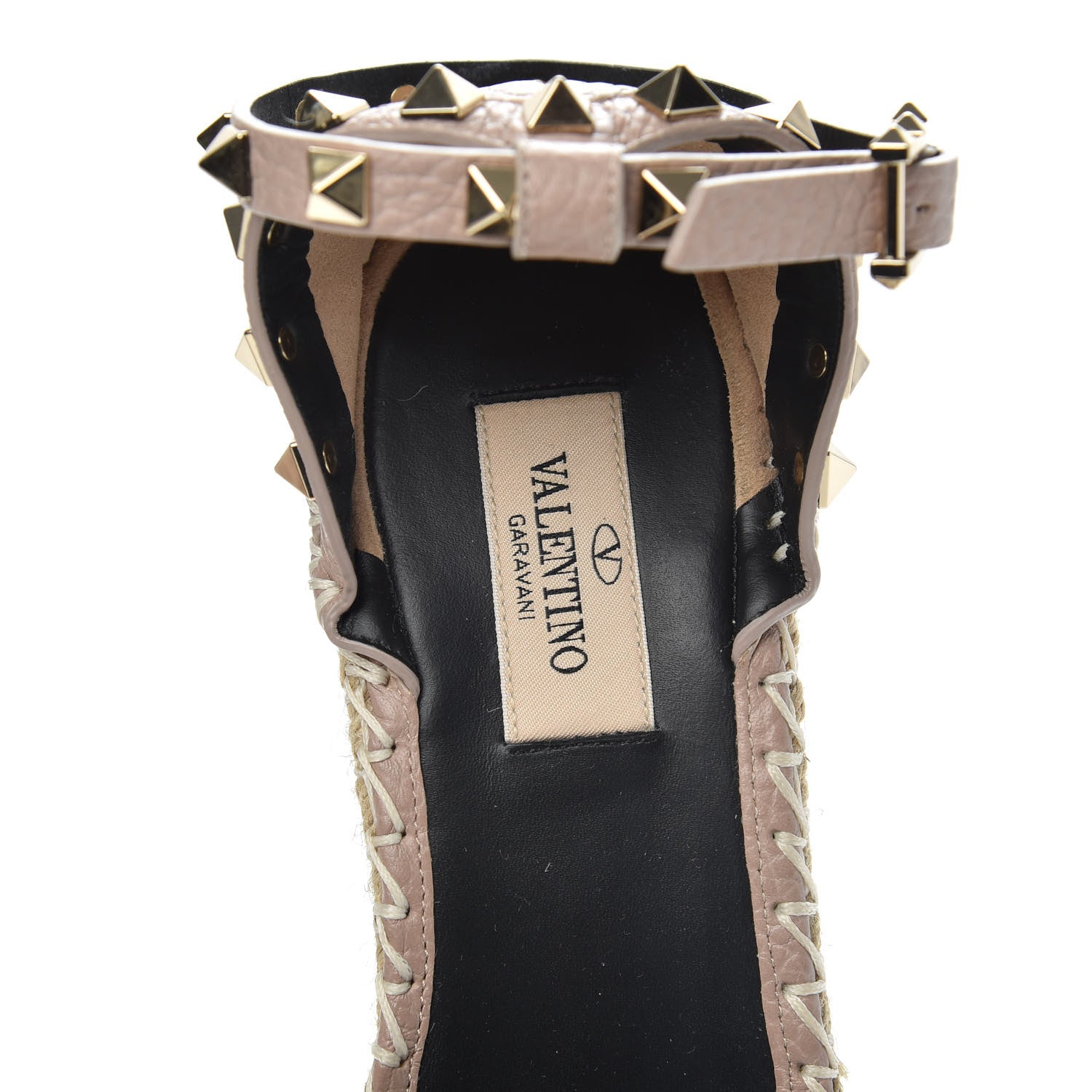 Valentino Garavani Grained Calfskin Rockstud Ankle Strap Espadrille 15/105mm Wedge Sandals 37 Poudre Natural 6 of 8