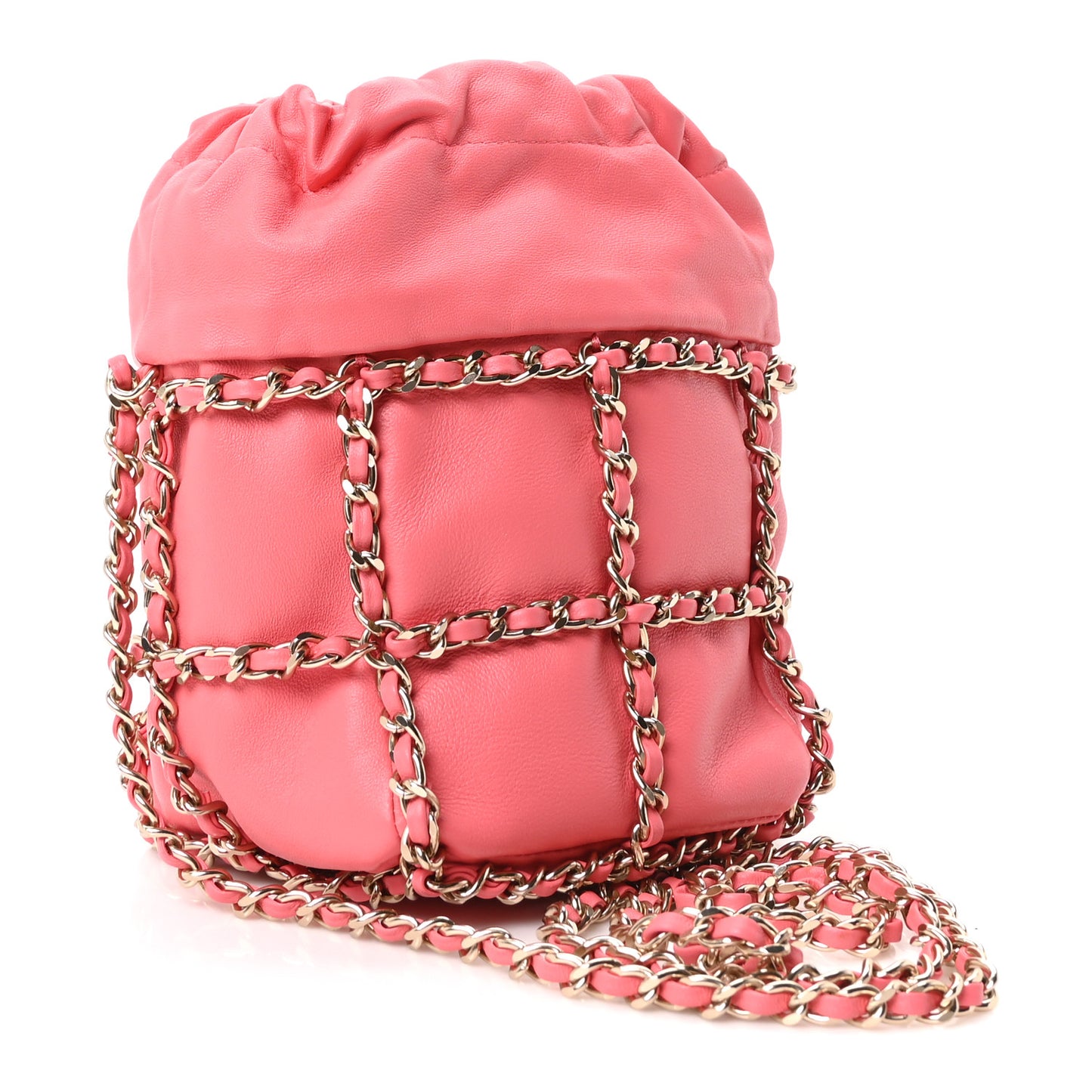 Lambskin Bucket Chain Drawstring Bag Pink