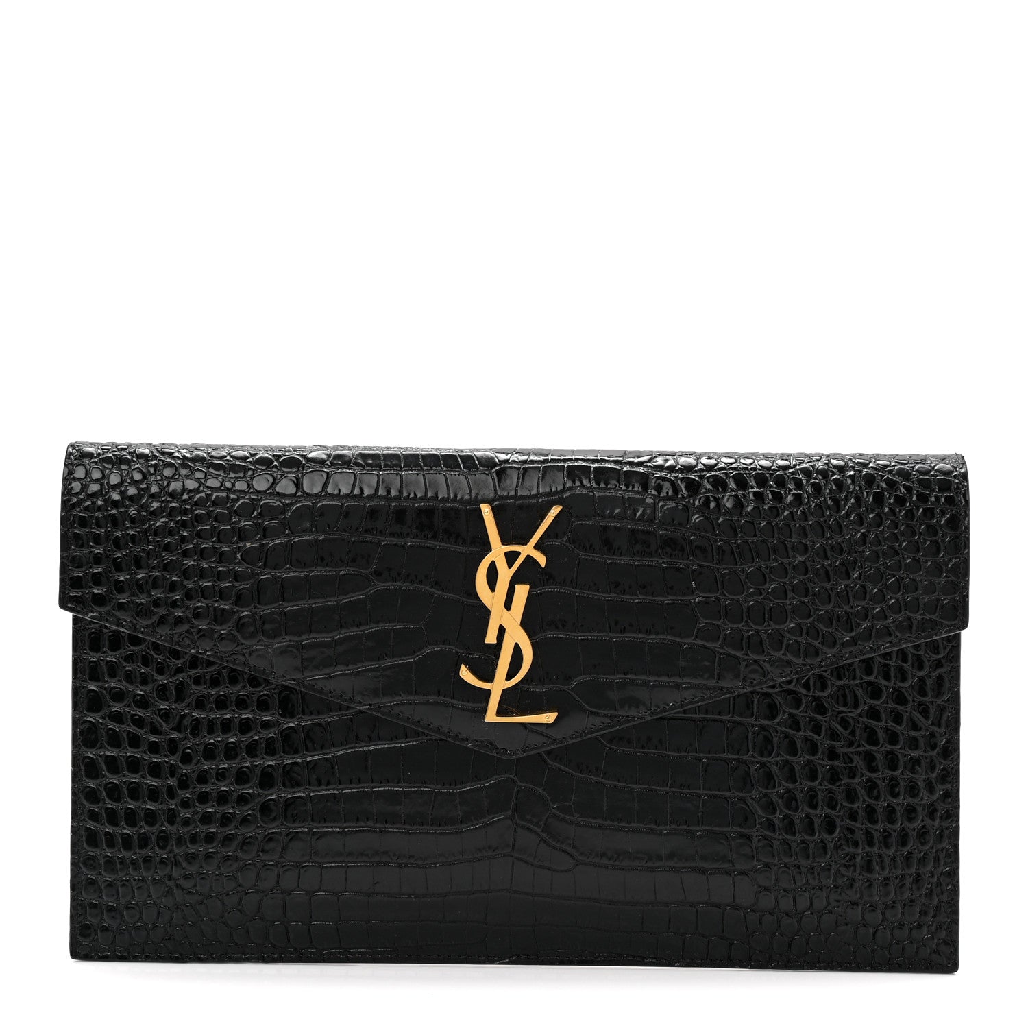 Saint Laurent Calfskin Crocodile Embossed Uptown Monogram Pouch Black 1 of 8