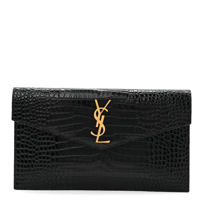 Saint Laurent Calfskin Crocodile Embossed Uptown Monogram Pouch Black 1 of 8
